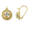 Oro Laminado Leverback Earring, Gold Filled Style with White Cubic Zirconia, Diamond Cutting Finish, Golden Finish, 02.164.0031
