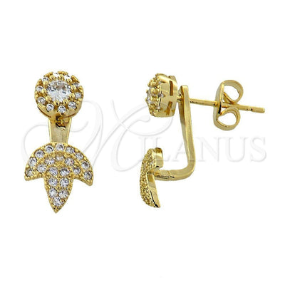 Oro Laminado Stud Earring, Gold Filled Style Flower and Leaf Design, with White Micro Pave, Polished, Golden for wholesale, main product view