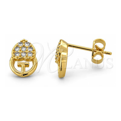 Oro Laminado Stud Earring, Gold Filled Style Heart Design, with White Micro Pave, Polished, Golden Finish, 02.168.0013