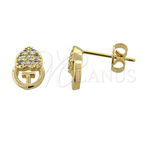 Oro Laminado Stud Earring, Gold Filled Style Heart Design, with White Micro Pave, Polished, Golden Finish, 02.168.0013