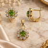 Oro Laminado Earring and Pendant Adult Set, Gold Filled Style Flower Design, with Light Green and White Cubic Zirconia, Polished, Golden Finish, 10.150.0033.5