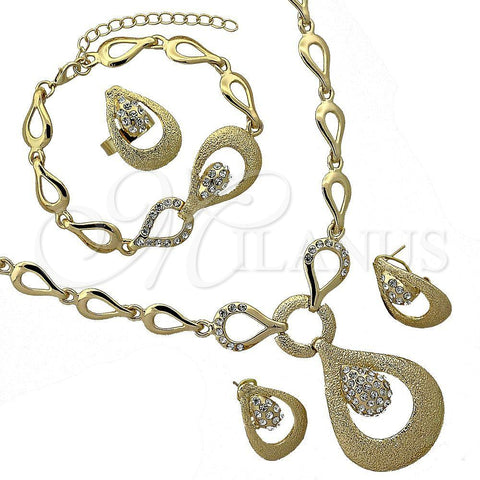 Oro Laminado Necklace, Bracelet, Earring and Ring, Gold Filled Style Teardrop Design, with White Crystal, Polished, Golden Finish, 06.191.0053