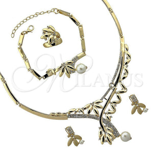 Oro Laminado Necklace, Bracelet, Earring and Ring, Gold Filled Style Leaf Design, with White Crystal, Polished, Golden Finish, 06.191.0058