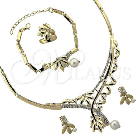 Oro Laminado Necklace, Bracelet, Earring and Ring, Gold Filled Style Leaf Design, with White Crystal, Polished, Golden Finish, 06.191.0058
