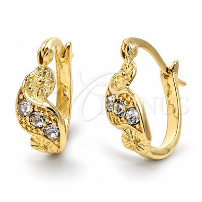 Oro Laminado Huggie Hoop, Gold Filled Style Flower Design, with White Crystal, Polished, Golden Finish, 02.164.0034