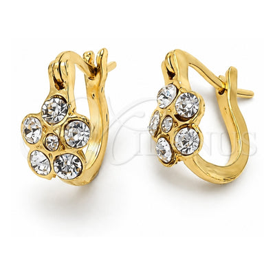 Oro Laminado Huggie Hoop, Gold Filled Style Flower Design, with White Crystal, Polished, Golden Finish, 02.164.0022