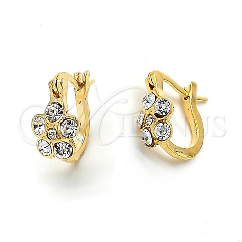 Oro Laminado Huggie Hoop, Gold Filled Style Flower Design, with White Crystal, Polished, Golden Finish, 02.164.0022