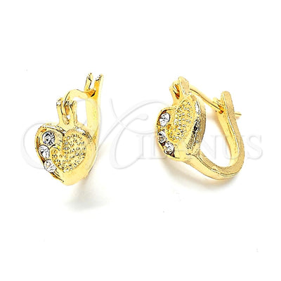 Oro Laminado Huggie Hoop, Gold Filled Style Heart Design, with White Crystal, Matte Finish, Golden Finish, 02.164.0037