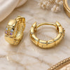 Oro Laminado Huggie Hoop, Gold Filled Style Flower Design, with Multicolor Micro Pave, Diamond Cutting Finish, Golden Finish, 02.122.0065