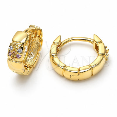 Oro Laminado Huggie Hoop, Gold Filled Style Flower Design, with Multicolor Micro Pave, Diamond Cutting Finish, Golden Finish, 02.122.0065