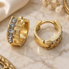 Oro Laminado Huggie Hoop, Gold Filled Style Greek Key Design, with White Crystal, Diamond Cutting Finish, Golden Finish, 02.164.0029