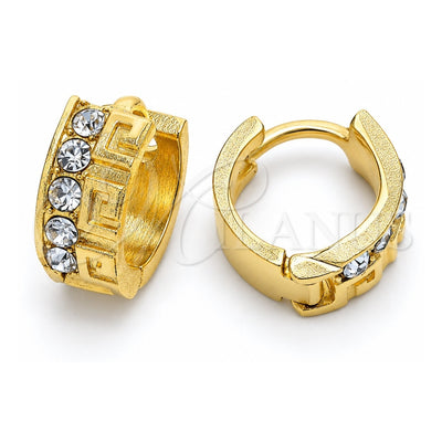 Oro Laminado Huggie Hoop, Gold Filled Style Greek Key Design, with White Crystal, Diamond Cutting Finish, Golden Finish, 02.164.0029