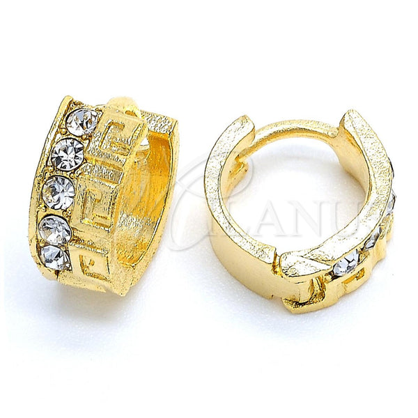 Oro Laminado Huggie Hoop, Gold Filled Style Greek Key Design, with White Crystal, Diamond Cutting Finish, Golden Finish, 02.164.0029