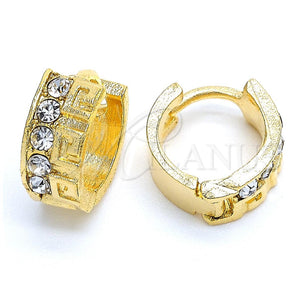 Oro Laminado Huggie Hoop, Gold Filled Style Greek Key Design, with White Crystal, Diamond Cutting Finish, Golden Finish, 02.164.0029