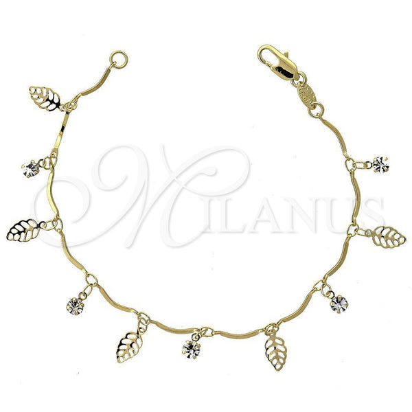 Oro Laminado Charm Bracelet, Gold Filled Style Leaf Design, with White Cubic Zirconia, Polished, Golden Finish, 03.63.0204.07 (03 MM Thickness, 7 Inches Length)
