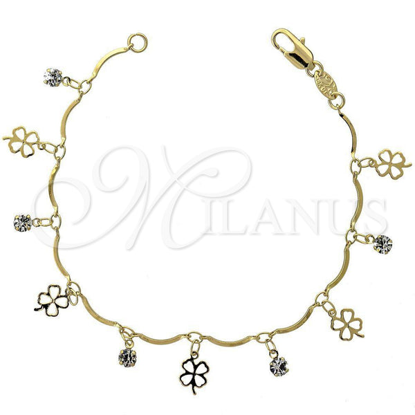Oro Laminado Charm Bracelet, Gold Filled Style Four-leaf Clover Design, with White Cubic Zirconia, Polished, Golden Finish, 03.63.0205.07 (02 MM Thickness, 7 Inches Length)