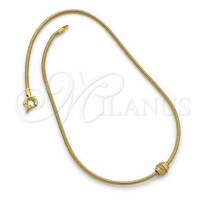 Oro Laminado Pendant Necklace, Gold Filled Style Rat Tail Design, with White Micro Pave, Polished, Golden Finish, 04.63.0002 (03 MM Thickness, 18 Inches Length)