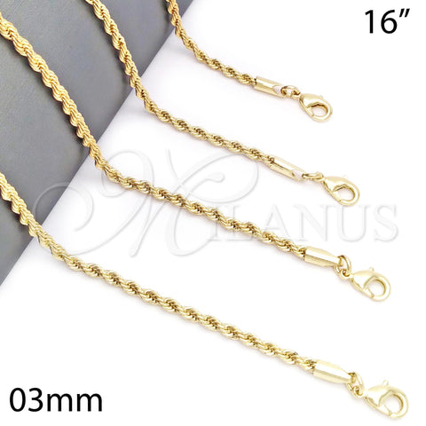 Oro Laminado Basic Necklace, Gold Filled Style Rope Design, Polished, Golden Finish, 5.222.035.16 (03 MM Thickness, 16 Inches Length)