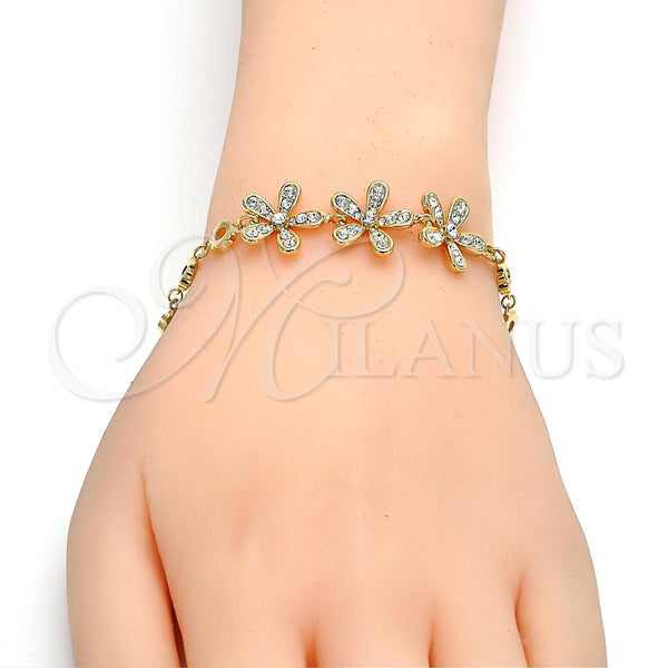 Oro Laminado Fancy Bracelet, Gold Filled Style Flower Design, with White Crystal, Polished, Golden Finish, 03.171.0010.07 (16 MM Thickness, 7 Inches Length)
