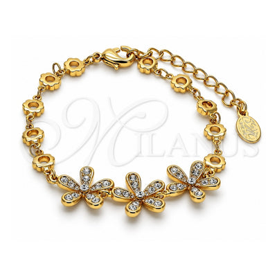 Oro Laminado Fancy Bracelet, Gold Filled Style Flower Design, with White Crystal, Polished, Golden Finish, 03.171.0010.07 (16 MM Thickness, 7 Inches Length)