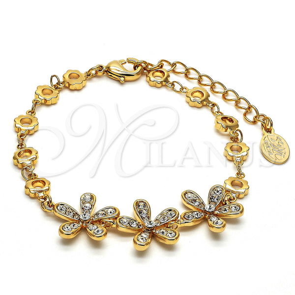 Oro Laminado Fancy Bracelet, Gold Filled Style Flower Design, with White Crystal, Polished, Golden Finish, 03.171.0010.07 (16 MM Thickness, 7 Inches Length)