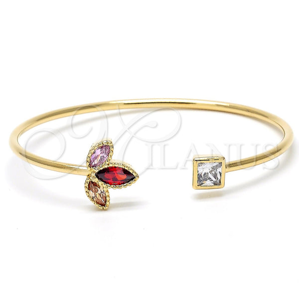 Oro Laminado Individual Bangle, Gold Filled Style Flower Design, with Multicolor Cubic Zirconia, Polished, Golden Finish, 07.97.0053 (03 MM Thickness, One size fits all)