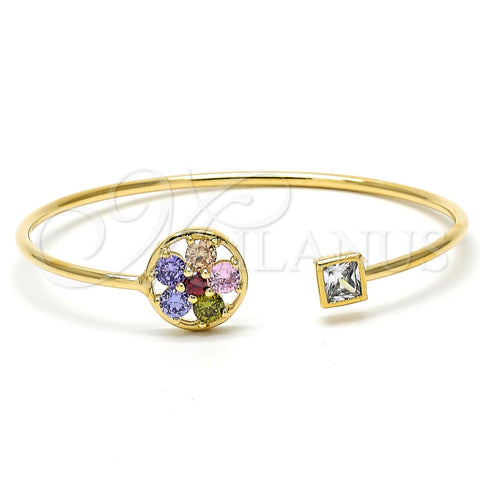 Oro Laminado Individual Bangle, Gold Filled Style Flower Design, with Multicolor Cubic Zirconia and White Crystal, Polished, Golden Finish, 07.97.0058 (02 MM Thickness, Size 3 (2.00 Diameter))