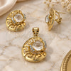 Oro Laminado Earring and Pendant Adult Set, Gold Filled Style Greek Key and Ball Design, with Light Yellow Opal and White Crystal, Matte Finish, Golden Finish, 10.91.0088.1