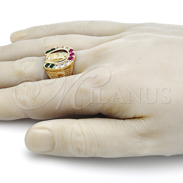 Oro Laminado Mens Ring, Gold Filled Style Guadalupe Design, with Multicolor Cubic Zirconia, Polished, Golden Finish, 5.178.005.10 (Size 10)