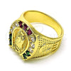Oro Laminado Mens Ring, Gold Filled Style Guadalupe Design, with Multicolor Cubic Zirconia, Polished, Golden Finish, 5.178.005.10 (Size 10)