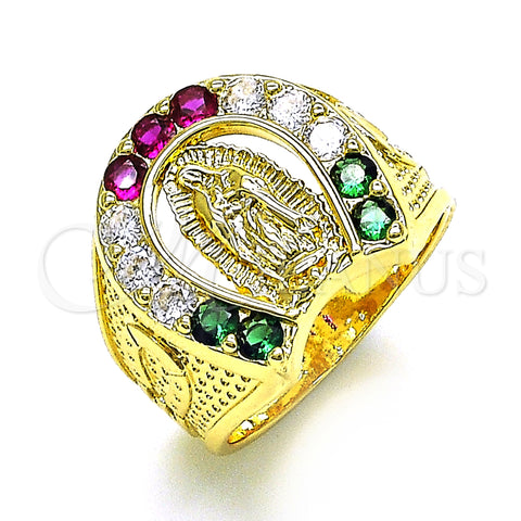 Oro Laminado Mens Ring, Gold Filled Style Guadalupe Design, with Multicolor Cubic Zirconia, Polished, Golden Finish, 5.178.005.10 (Size 10)