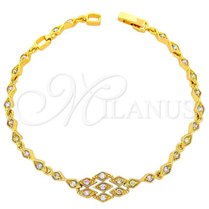 Oro Laminado Fancy Bracelet, Gold Filled Style Diamond Design, with Multicolor Cubic Zirconia, Polished, Golden Finish, 03.60.0038 (8 Inches Length)