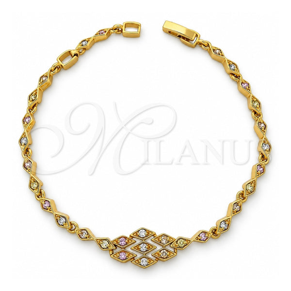 Oro Laminado Fancy Bracelet, Gold Filled Style Diamond Design, with Multicolor Cubic Zirconia, Polished, Golden Finish, 03.60.0038 (8 Inches Length)