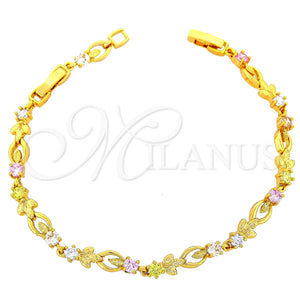 Oro Laminado Fancy Bracelet, Gold Filled Style Leaf and Flower Design, with Multicolor Cubic Zirconia, Diamond Cutting Finish, Golden Finish, 03.60.0020 (8 Inches Length)