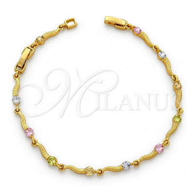 Oro Laminado Fancy Bracelet, Gold Filled Style with Multicolor Cubic Zirconia, Polished, Golden Finish, 03.60.0017 (7 Inches Length)