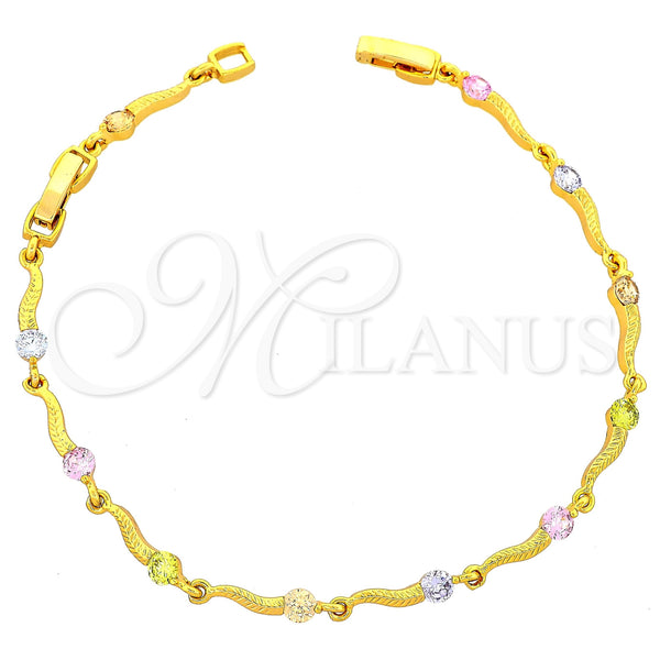 Oro Laminado Fancy Bracelet, Gold Filled Style with Multicolor Cubic Zirconia, Polished, Golden Finish, 03.60.0017 (7 Inches Length)