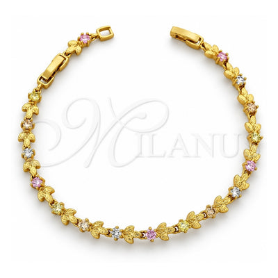Oro Laminado Fancy Bracelet, Gold Filled Style Leaf Design, with Multicolor Cubic Zirconia, Polished, Golden Finish, 03.60.0024 (7 Inches Length)
