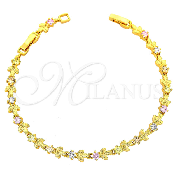 Oro Laminado Fancy Bracelet, Gold Filled Style Leaf Design, with Multicolor Cubic Zirconia, Polished, Golden Finish, 03.60.0024 (7 Inches Length)