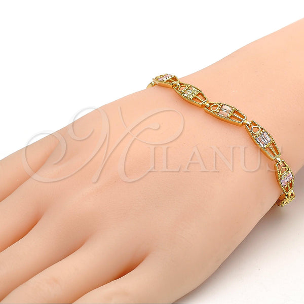 Oro Laminado Fancy Bracelet, Gold Filled Style Heart Design, with Multicolor Cubic Zirconia, Diamond Cutting Finish, Golden Finish, 03.60.0033.08 (06 MM Thickness, 8 Inches Length)