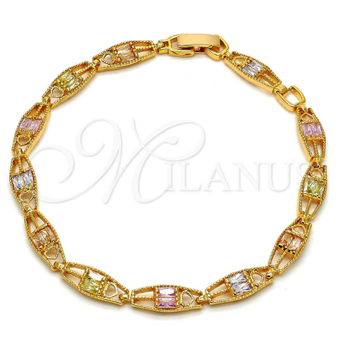 Oro Laminado Fancy Bracelet, Gold Filled Style Heart Design, with Multicolor Cubic Zirconia, Diamond Cutting Finish, Golden Finish, 03.60.0033.08 (06 MM Thickness, 8 Inches Length)