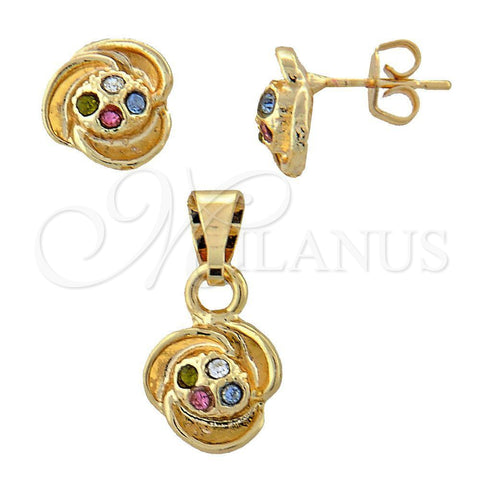 Oro Laminado Earring and Pendant Adult Set, Gold Filled Style Flower Design, with White Crystal, Polished, Golden Finish, 10.150.0045