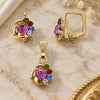 Oro Laminado Earring and Pendant Adult Set, Gold Filled Style Flower Design, with White Crystal, Polished, Golden Finish, 10.150.0041
