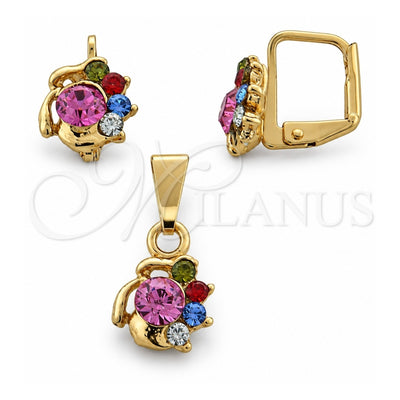 Oro Laminado Earring and Pendant Adult Set, Gold Filled Style Flower Design, with White Crystal, Polished, Golden Finish, 10.150.0041