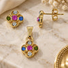 Oro Laminado Earring and Pendant Adult Set, Gold Filled Style Flower Design, with White Crystal, Polished, Golden Finish, 10.150.0040