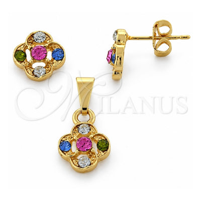 Oro Laminado Earring and Pendant Adult Set, Gold Filled Style Flower Design, with White Crystal, Polished, Golden Finish, 10.150.0040