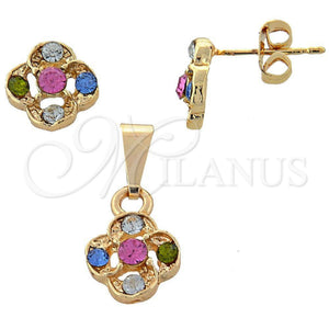 Oro Laminado Earring and Pendant Adult Set, Gold Filled Style Flower Design, with White Crystal, Polished, Golden Finish, 10.150.0040
