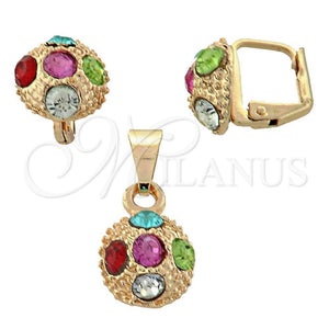 Oro Laminado Earring and Pendant Adult Set, Gold Filled Style with White Crystal, Polished, Golden Finish, 10.150.0039