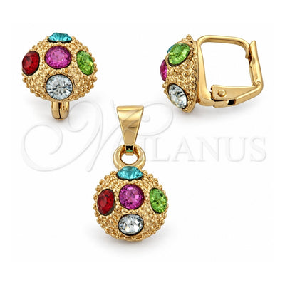 Oro Laminado Earring and Pendant Adult Set, Gold Filled Style with White Crystal, Polished, Golden Finish, 10.150.0039