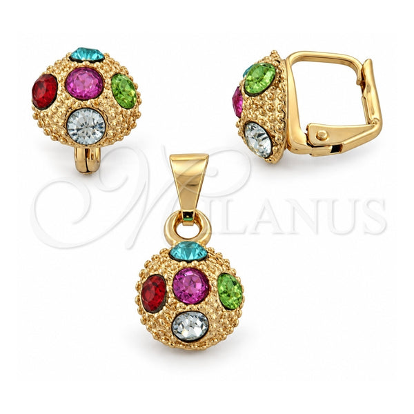 Oro Laminado Earring and Pendant Adult Set, Gold Filled Style with White Crystal, Polished, Golden Finish, 10.150.0039