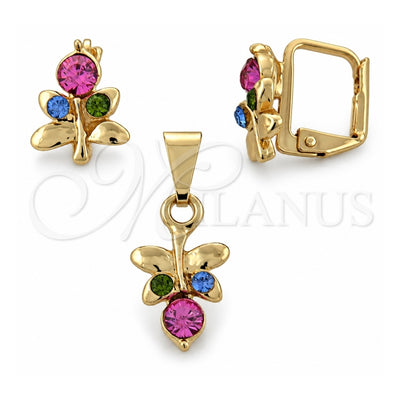 Oro Laminado Earring and Pendant Adult Set, Gold Filled Style Butterfly Design, with White Crystal, Polished, Golden Finish, 10.150.0042